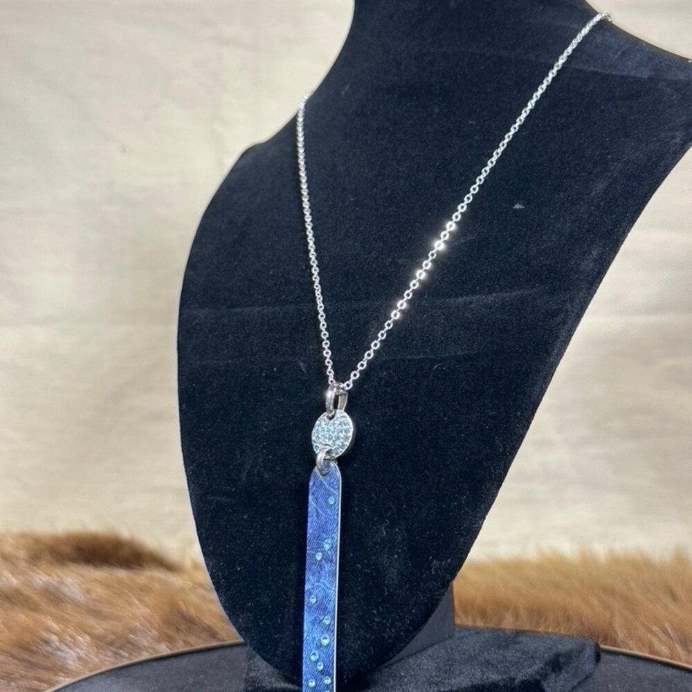 Blue Textured Pendant Necklace – Long Silver Chain - Picture 2 of 3